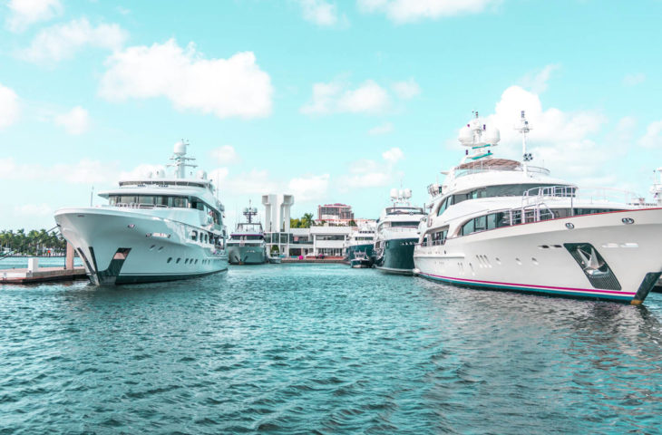 Fort Lauderdale, Florida, USA - September 20, 2019: Luxury yachts docked in marina in Fort Lauderdale, Florida